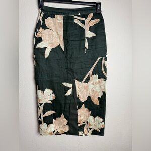 Reiss Women Size 4 Floral Print High Rise Midi Front Slip Green Elegant‎ Skirt